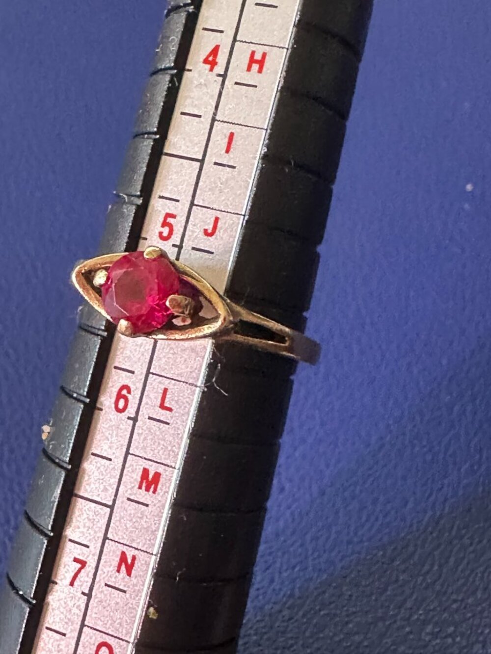 Vintage Caron Bros 10K Yellow Gold Ruby Ring — Navette Open Bezel Setting - Picture 2 of 9